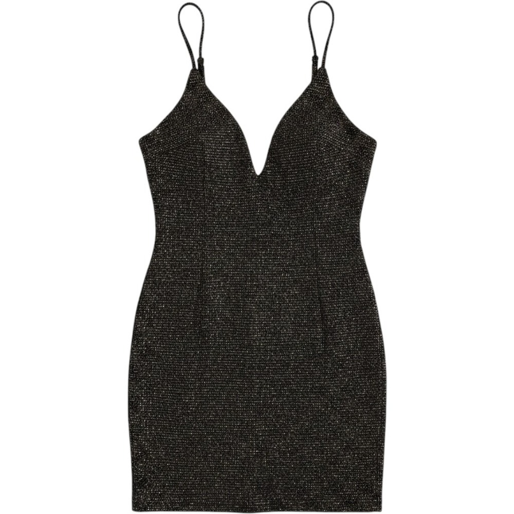 Metallic Shimmer Bodycon Mini Dress Black Silver V-Neck Spaghetti Strap Dress